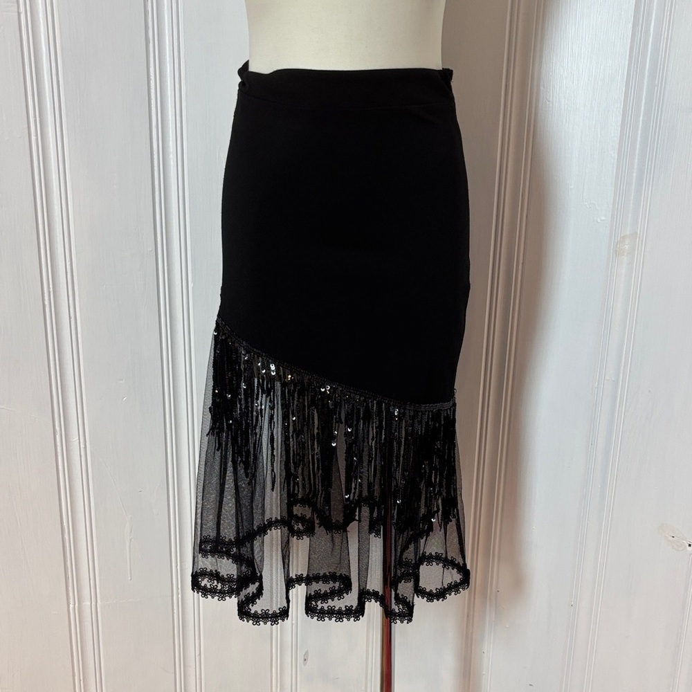 🖤 VALENTINE Black Stretch Skirt with Tulle & Sequin Fringe Hem